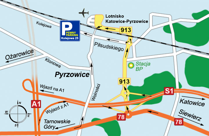 Mapa dojazdu do Pewnego Parkingu - Parking Pyrzowice - Katowice Lotnisko - Pewny Parking